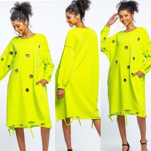 Distressed midi length dress with rings Neon